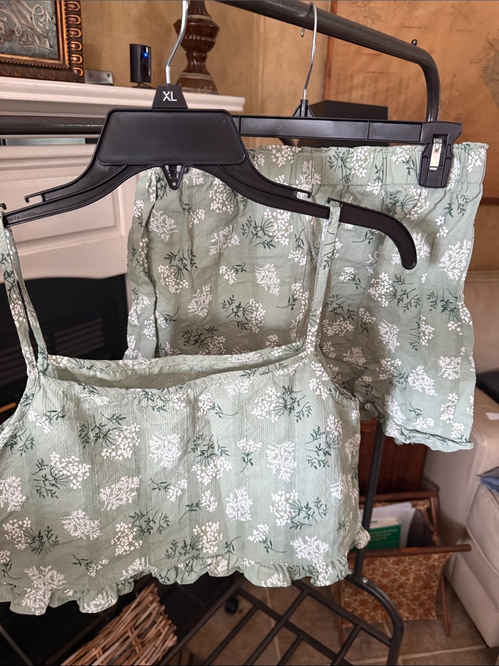 Floral Scallop Hem Women's PJ Shorts Set - Sage Green 0099
